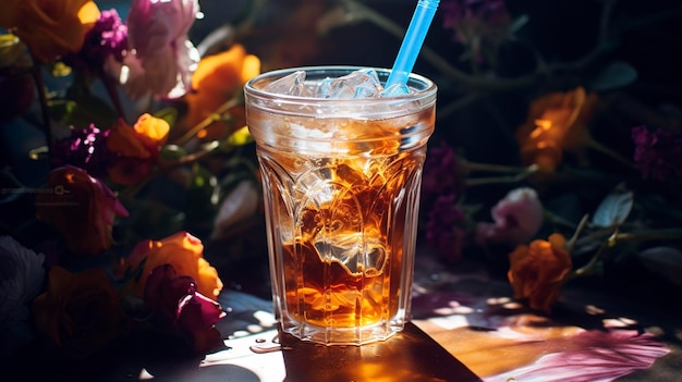 Een foto die de levendige kleuren en reflecties van zonlicht op een kop ijskoffie weergeeft