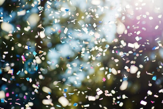 Foto een foto die de levendige kleuren van confetti vasthoudt terwijl het in de lucht valt tijdens een levendige viering grote confetti stukken die in de lucht drijven