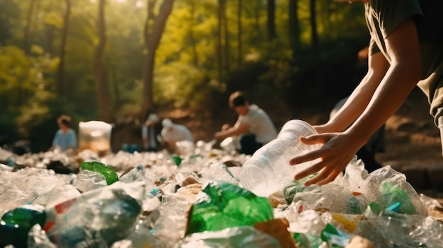 Een foto die de nadruk legt op recycling Mensen die afval in de natuur verzamelen
