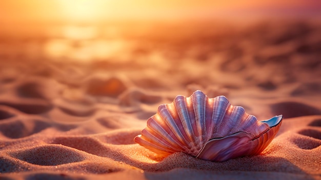 Een foto die de reflecties van een zonsondergang op het strand op het gepolijste oppervlak van een schelp vasthoudt