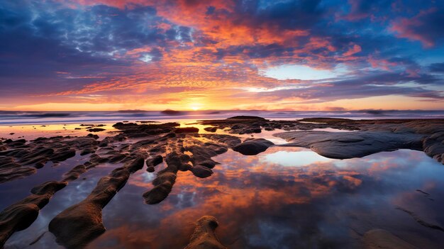 Een foto die de serene reflecties van een zonsondergang op een strand vasthoudt op een rustig spiegelend getijdenpoel