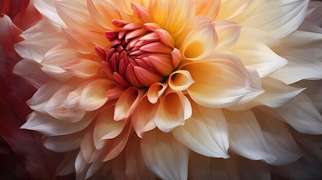 Een foto die de textuur en patronen van een dahlia-bloem met zijn gelaagde bloemblaadjes toont