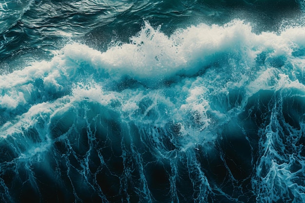 Een foto die een uitgestrekte waterruimte vasthoudt met talrijke blauwe golven in beweging Een abstracte weergave van een golf die in de zee breekt AI gegenereerd