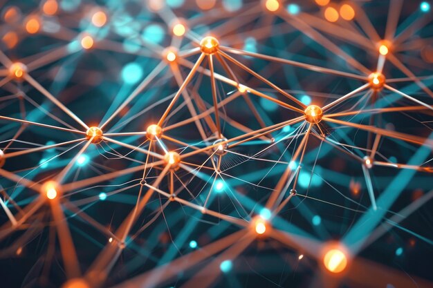Een foto die het ingewikkelde web van onderling verbonden lichten vastlegt dat de onderling verbondenheid van ons digitale tijdperk symboliseert Een cluster van netwerkknopen in een minimalistische stijl gegenereerd door AI
