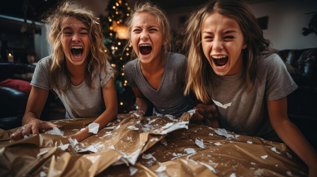 Foto een foto die het vreugdevolle moment vastlegt van kinderen die cadeautjes uitpakken op kerstochtend