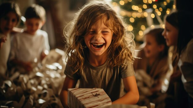 Een foto die het vreugdevolle moment vastlegt van kinderen die cadeautjes uitpakken op kerstochtend