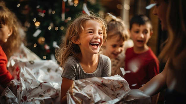 Een foto die het vreugdevolle moment vastlegt van kinderen die cadeautjes uitpakken op kerstochtend