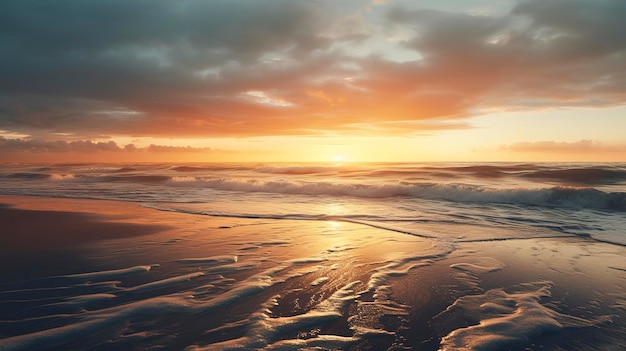 Een foto die het zachte gouden licht van een zonsondergang op het natte zand vasthoudt