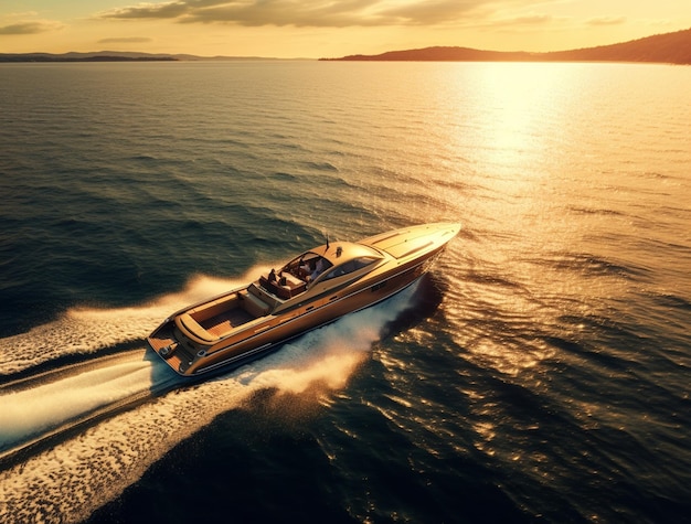 een foto en schilderij van een motorboot en een houten boot drijven op het water