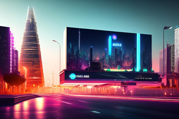 Een foto groot billboard in de stad mockup 's nachts 3D-futuristische stad met billboard