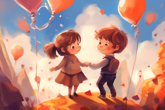 Een foto met dansende jongen en meisje en ballonnen