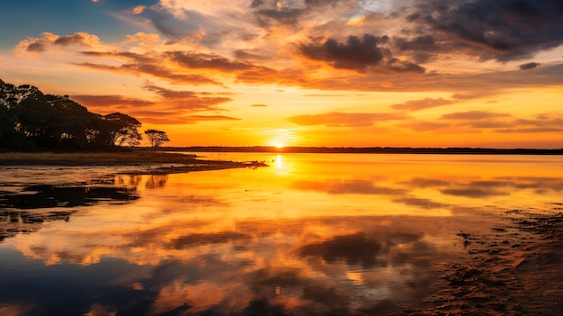 Een foto met de gouden tinten van een zonsondergang op het strand die zich reflecteert op het kalme water van een lagune