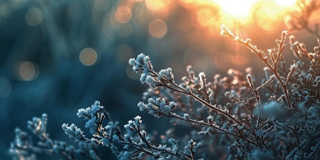 Een foto met een gedetailleerd beeld van een met sneeuw bedekte plant die de ijskoude wintermorgenatmosfeer benadrukt