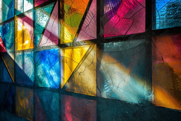 Foto een foto met een hoge resolutie die de ingewikkelde details en levendige kleuren van een close-up beeld van een glazen muur toont een geabstraheerd beeld van een gebrandschilderd glasvenster ai gegenereerd