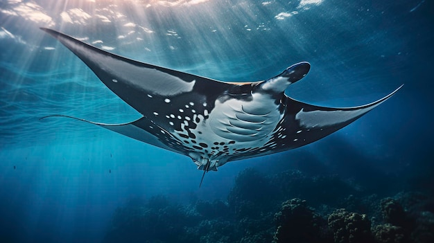 Een foto met een hyper gedetailleerde opname van een manta ray die sierlijk door de oceaan glijdt