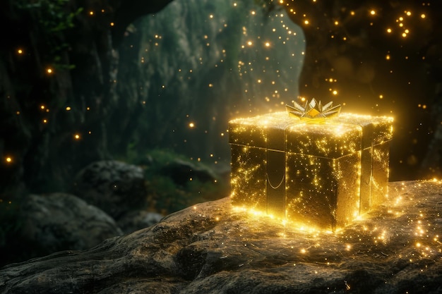 Een foto met een levendige geschenkdoos geplaatst op een stevige rots die een zachte gloed uitzendt Glowing etherische geschenkkist in een fantasie-omgeving AI gegenereerd
