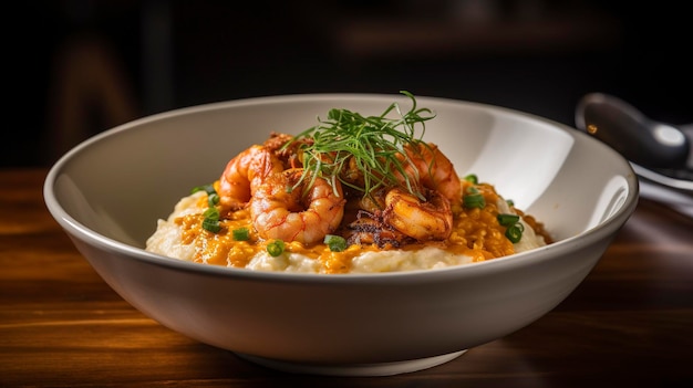 Een foto met een presentatie van heerlijke Cajun Shrimp en Grits food photography