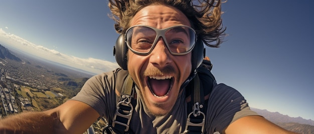 een foto met een tandem skydiver met hun remschacht open en het sprongvliegtuig boven het hoofd in de verte momenten na het springen uit het vliegtuig Een close-up van het gezicht van de duiker