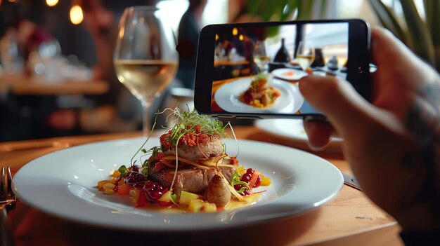 Foto een foto nemen van een heerlijk uitziende bord eten in een restaurant