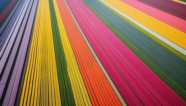 Een foto op grote hoogte van het patroon van een tulpenveld in de lente