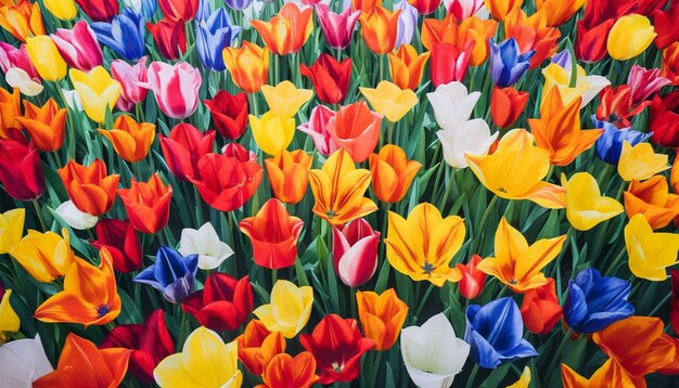 Een foto op grote hoogte van het patroon van een tulpenveld in de lente