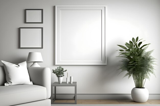 Een foto-realistisch interieur van een woonkamer met een blanco fotoframe mockup op de muur