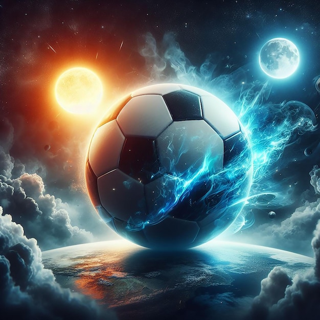 Een foto-realistische voetbal als een planeet in de ruimte digitale kunst AI gegenereerd.