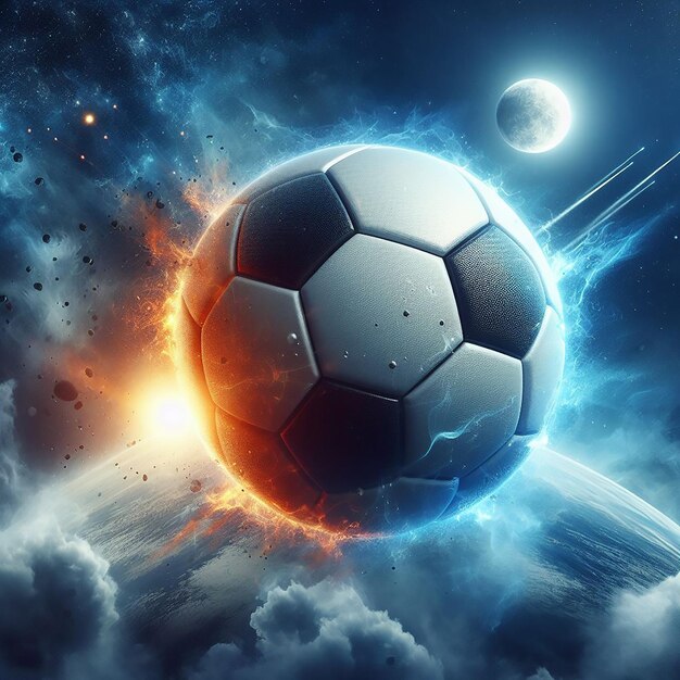 Een foto-realistische voetbal als een planeet in de ruimte digitale kunst AI gegenereerd.