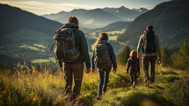 Foto een foto toont een groep vrienden die in het gezelschap van de natuur over prachtige velden en heuvels wandelen generatieve ai