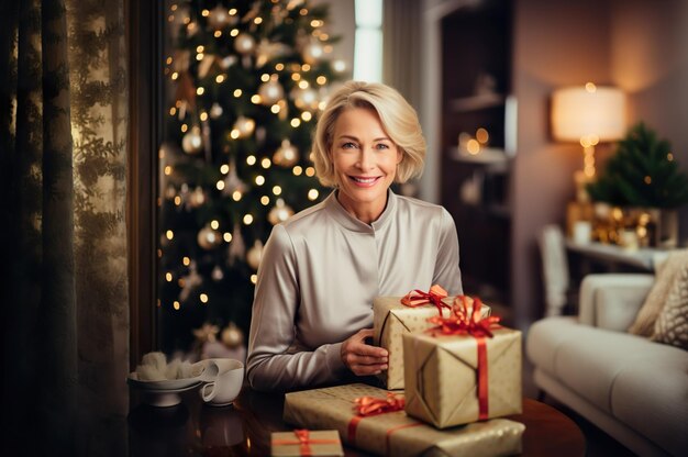 Een foto van aantrekkelijke volwassen vrouw met kerstcadeau Foto van hoge kwaliteit