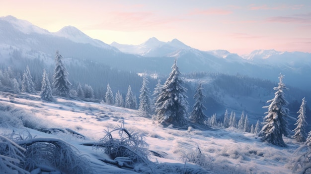 Een foto van besneeuwde dennen takken met een besneeuwde vallei achtergrond