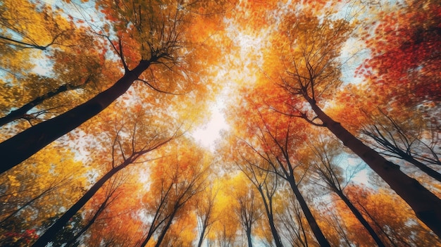 Een foto van bomen met de zon die door de bladeren schijnt