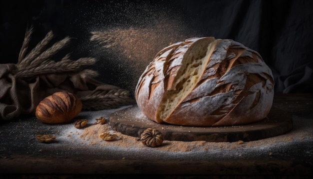 Een foto van brood en tarwe op een tafel