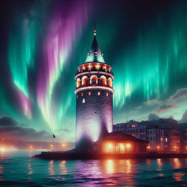 een foto van de aurora borealis boven een vuurtoren