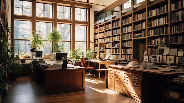 Een foto van de bibliotheek van een architectuurbureau vol boeken en referentiemateriaal