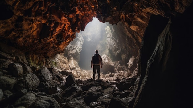 Een foto van de binnenkant van een grot van een man die voor de ingang van de grot staat