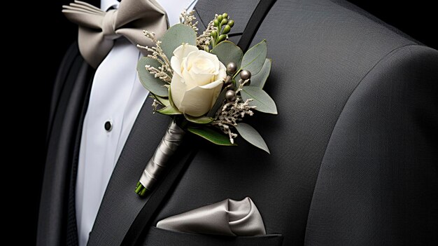 Een foto van de boutonnière van een bruidegom