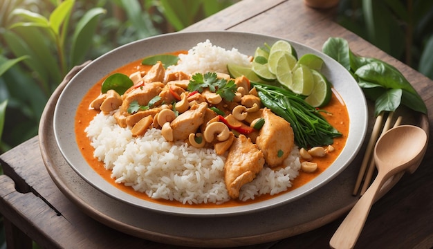 Een foto van de Chicken and Cashew Red Curry met rijst en kruiden geserveerd op een schilderachtige buitenplaats