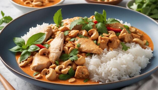 Een foto van de kip en cashew rode curry met rijst en kruiden Thais geïnspireerd gerecht prachtig