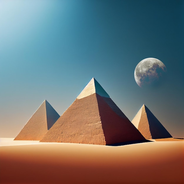 Een foto van de maan en piramides van Egypte.