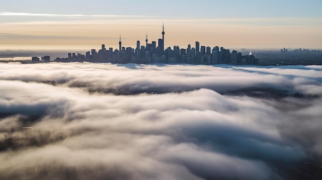 Een foto van de skyline die de wolken doorboort