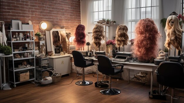 Een foto van de werkplek van een haarstylist met gestileerde pruiken