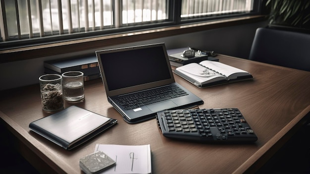 Een foto van de werkruimte van een financiële planner met rekenmachine en laptop