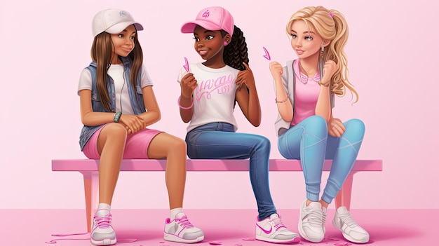 een foto van drie meisjes in roze en één van hen draagt een roze hoed.