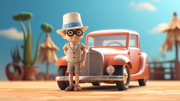 Een foto van een 3D-personage bij een vintage auto