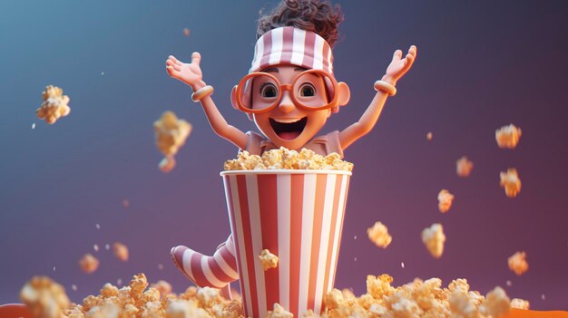 Een foto van een 3D-personage dat een popcorndoos in evenwicht houdt