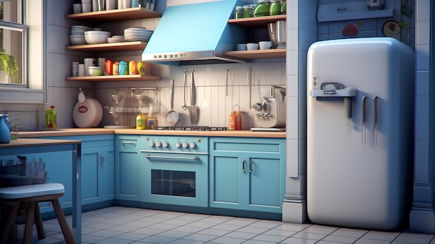 Een foto van een 3D-personage die een keuken renoveert
