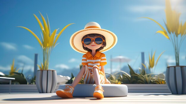 Een foto van een 3D-personage die geniet van een zonnige dag op een strand