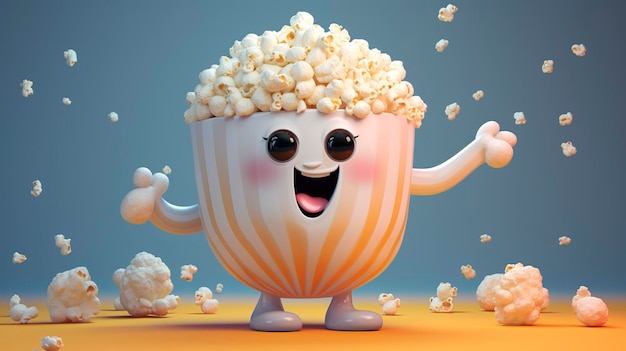 Een foto van een 3D-personage met een gigantische popcorn