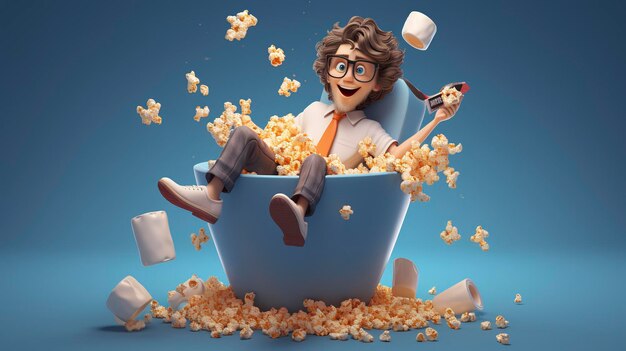 Een foto van een 3D-personage met een popcornbak